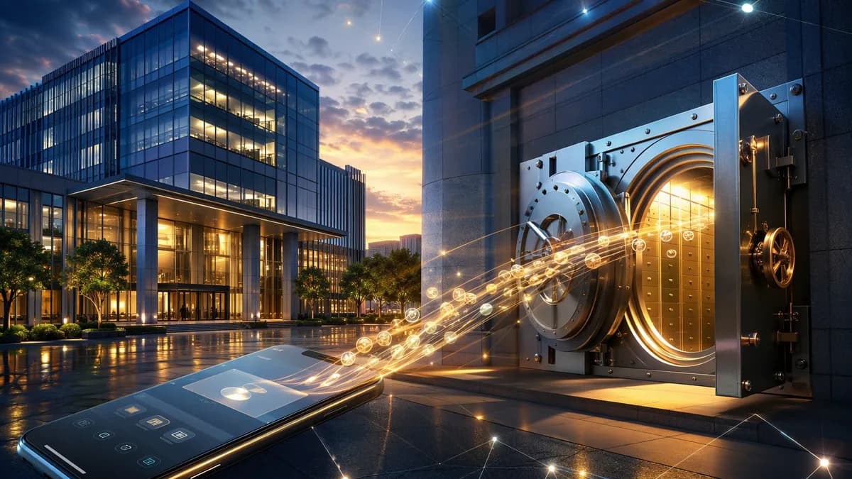 Digital banking scene symbolizing debt repayment, liquidity discipline, and bank acquisition integration.