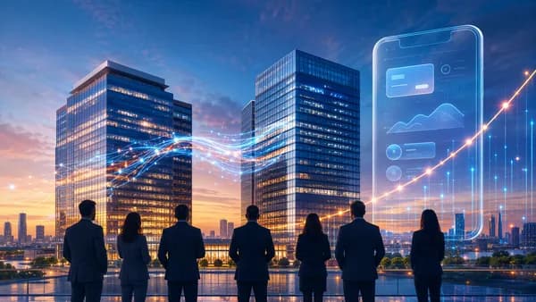Regional bank merger visual with digital banking streams and investors watching an upward financial glow.