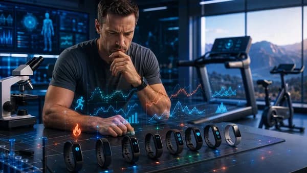 Fitness trackers tested in a futuristic lab with abstract workout data visuals and wearable devices.
