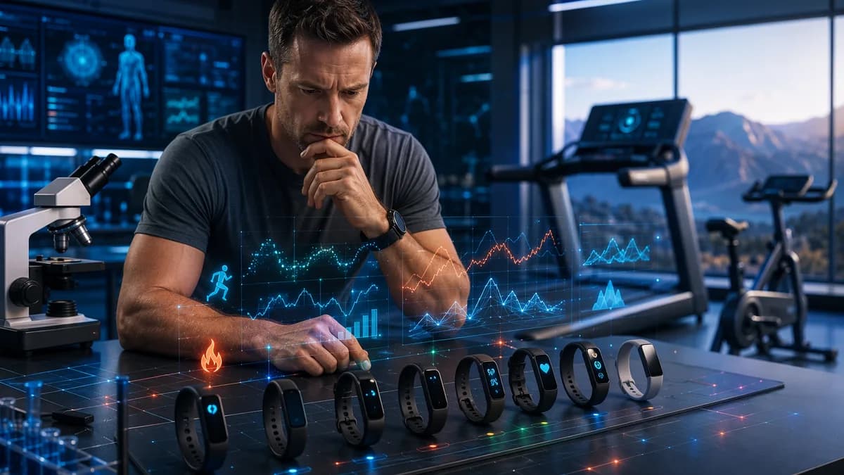 Fitness trackers tested in a futuristic lab with abstract workout data visuals and wearable devices.