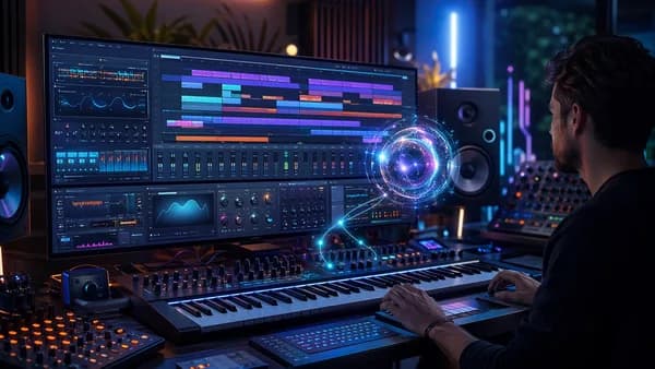AI assistant guiding music production in a futuristic digital audio workstation studio