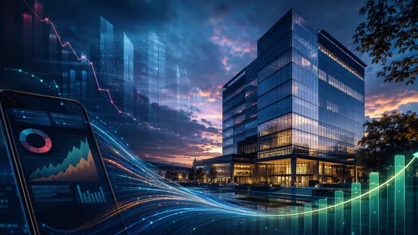 Regional bank turnaround visual with CRE runoff and digital finance signals under cautious market pressure