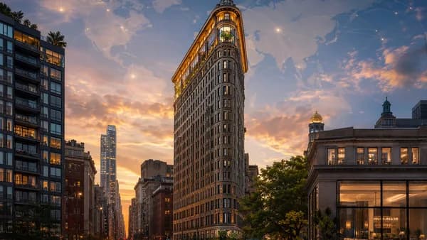 Flatiron Building at golden hour with luxury glow and subtle global connection map overlay