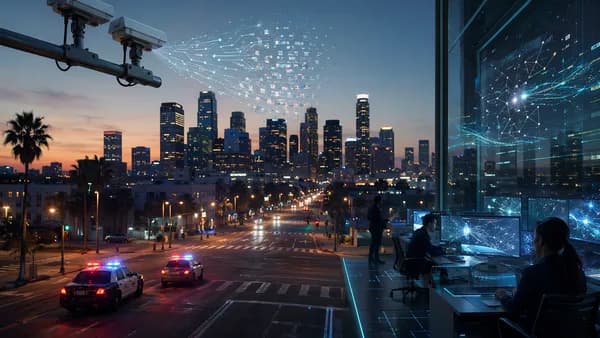 Los Angeles street with inactive surveillance cameras and fading data overlays symbolizing privacy review