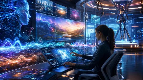 Futuristic AI lab showing generative video, audio waves, neural networks, and robotics simulation.