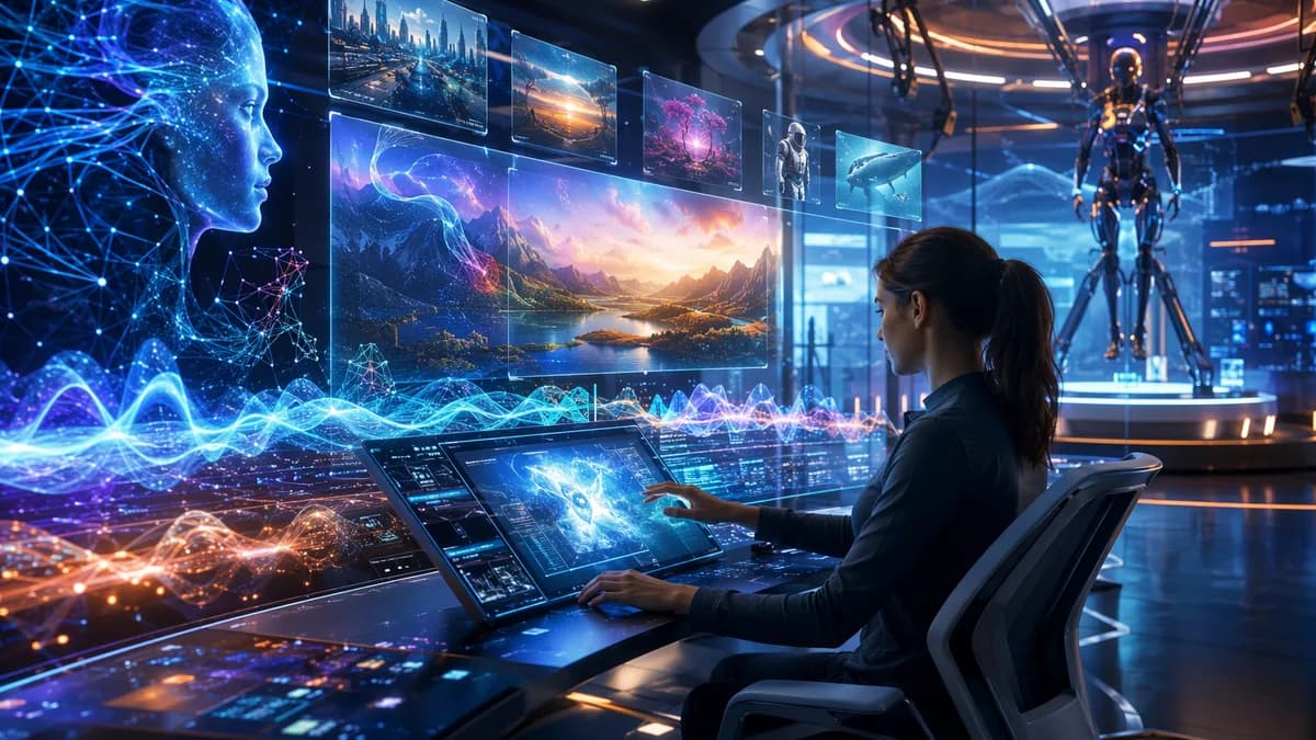Futuristic AI lab showing generative video, audio waves, neural networks, and robotics simulation.