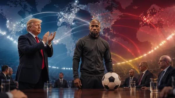 Trump-like leader applauds as a striker stands before officials, with stadium lights and global map connections.
