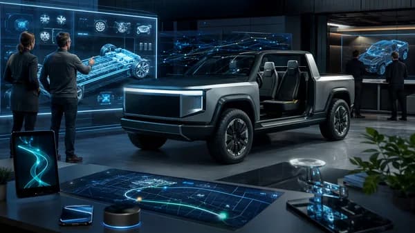 Futuristic electric pickup concept with navigation dashboard in a high-tech automotive design studio