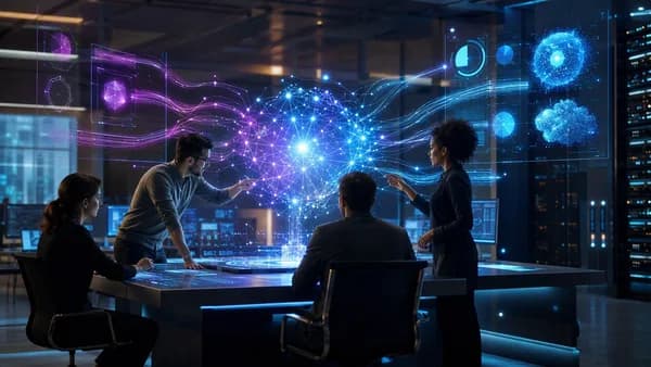 Elite AI engineers connect enterprise systems to a glowing neural network in a futuristic workspace.