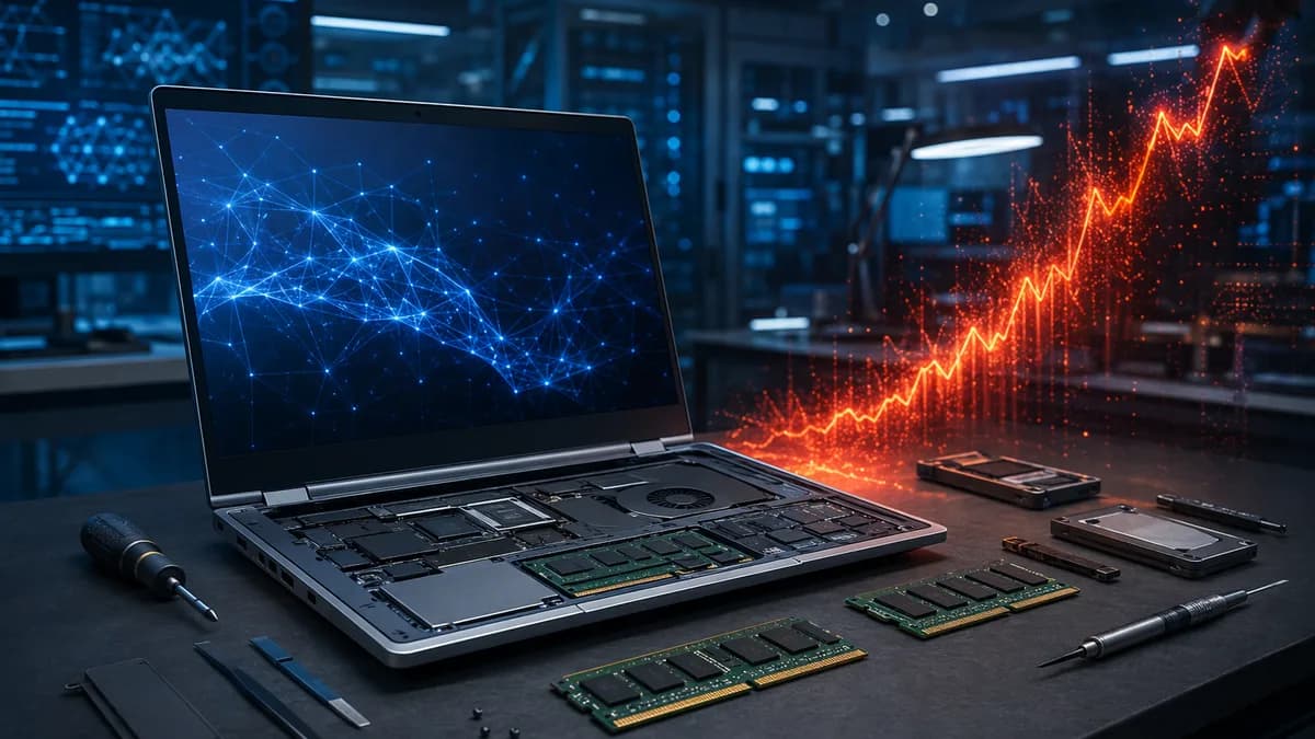 Modular laptop on a futuristic workbench with glowing RAM modules suggesting a sharp price increase.