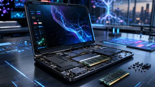 Modular premium laptop with RAM components in a futuristic tech workspace, suggesting a memory supply mismatch.