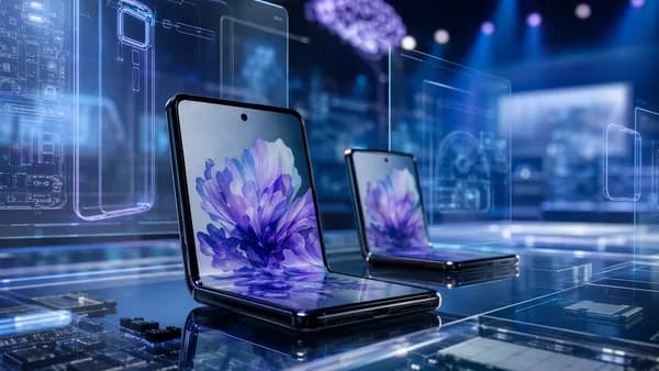 Foldable smartphone prototype in a futuristic tech lab with blank holographic leak panels.