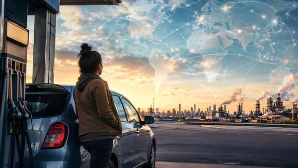 Worker at gas station facing city commute, with global map motif showing rising fuel price pressures.