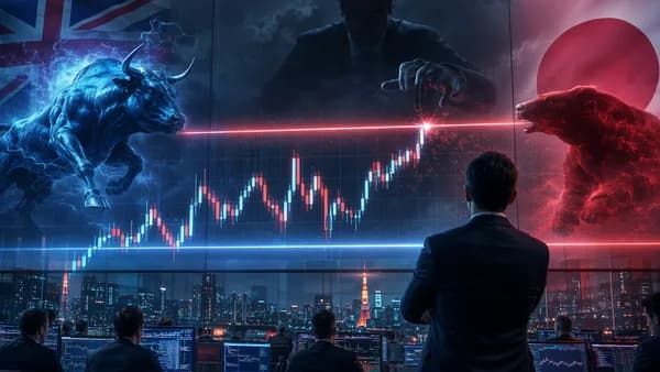 Forex trading floor visualizing GBP/JPY tension between support and breakout amid intervention fears