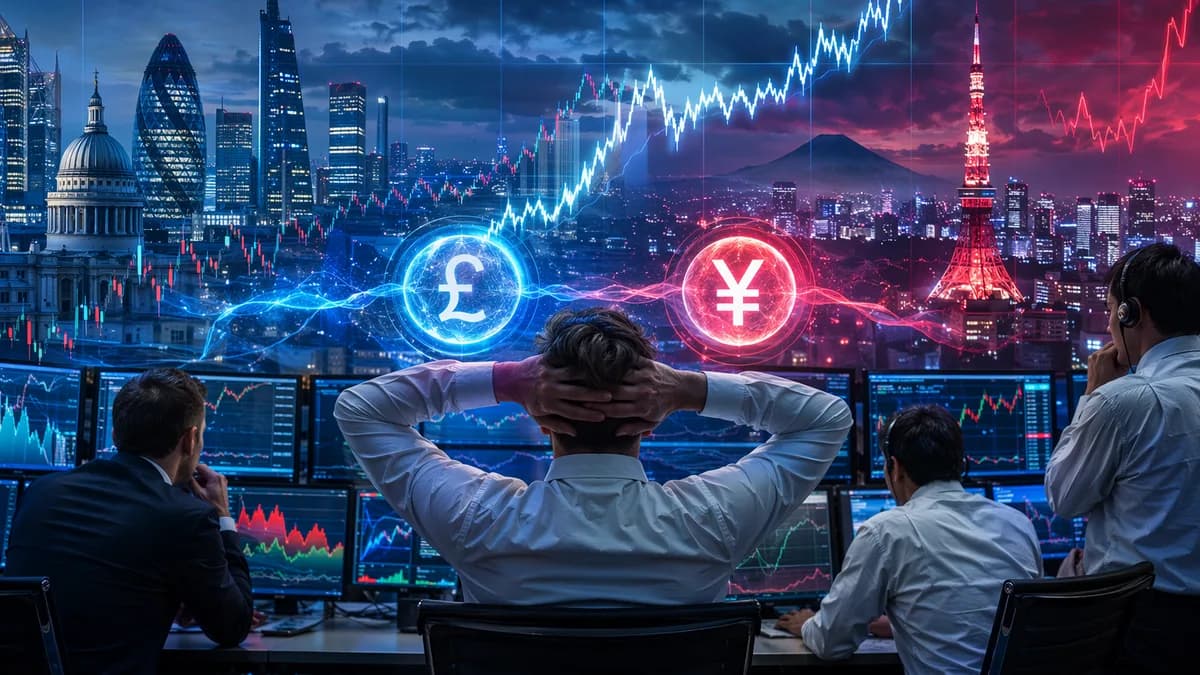 FX trading scene showing pound strength versus yen amid intervention risk