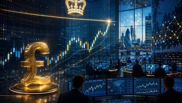 British pound rally shown with rising market charts and a subtle crown motif on a modern trading floor