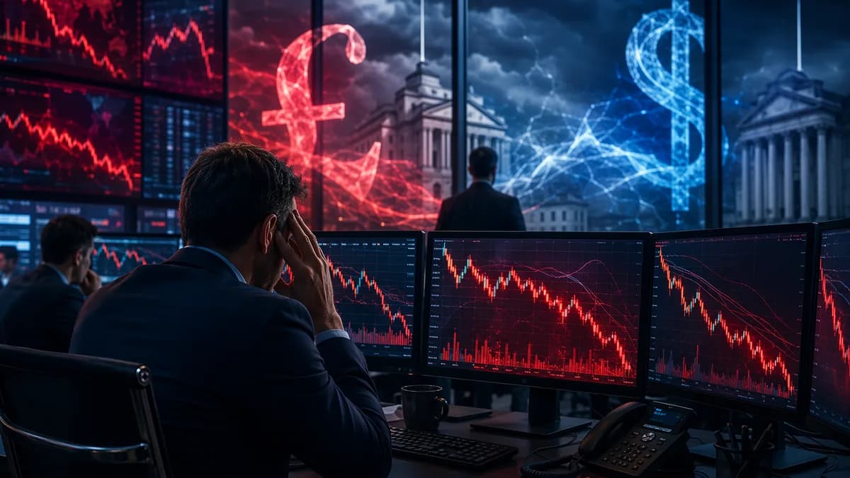 Bearish forex trading desk with red charts and central bank silhouettes ahead of policy decisions.