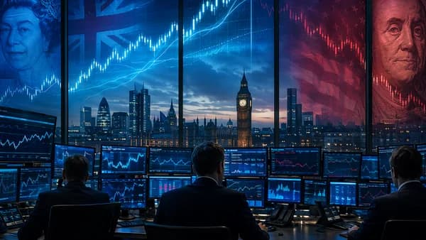London forex trading desk showing pound strength as dollar weakens amid abstract market charts.
