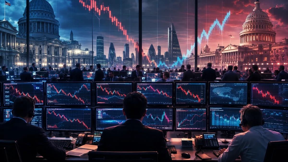Trading desk with falling currency charts and UK-US policy mood as pound weakens against dollar.