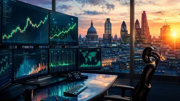 Bullish currency trading scene with London skyline and abstract rising market charts.