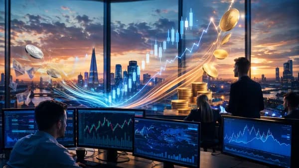 Trading desk scene showing pound strength as the dollar fades amid market data visuals