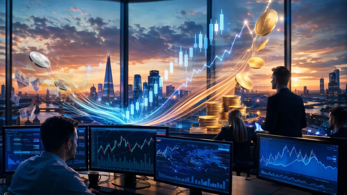 Trading desk scene showing pound strength as the dollar fades amid market data visuals