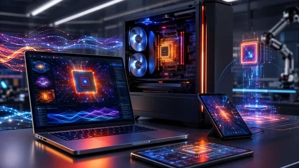 Futuristic workspace showing laptop and phone under intense benchmark testing with glowing chips and circuits.