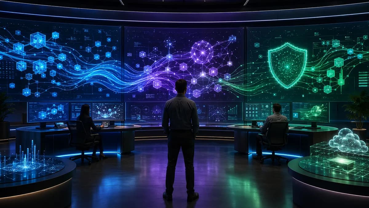 Futuristic AI operations hub showing three secure data streams for cost, speed, and security.