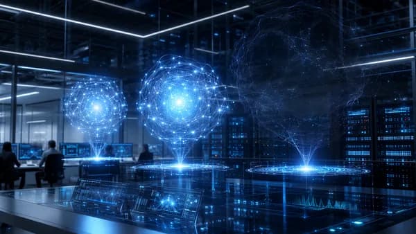 Futuristic AI lab with three glowing model cores, screens, circuits, and a dim absent flagship silhouette.