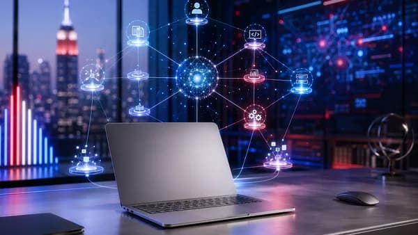 Futuristic laptop workspace with glowing AI agent network for Gemini Spark on Mac