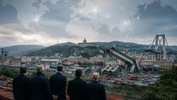 Genoa bridge collapse scene with courthouse silhouette and global map overlay, symbolizing accountability.