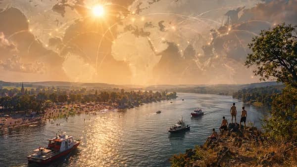 Heatwave over a German lake with rescue boats, swimmers, and a subtle global map overlay.