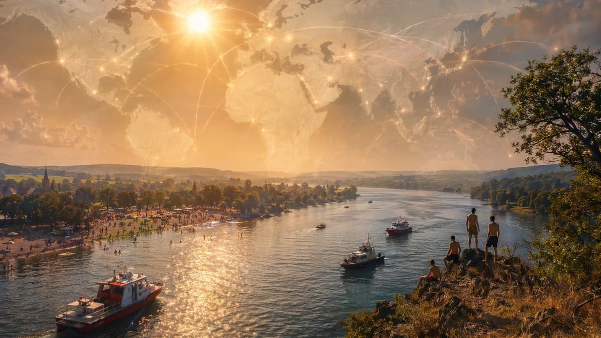 Heatwave over a German lake with rescue boats, swimmers, and a subtle global map overlay.