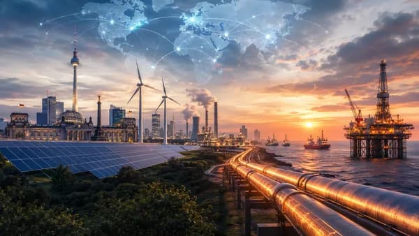 Germany economy and energy pressures shown with Berlin, industry, renewables, oil, and global connections.