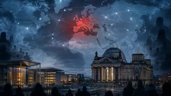 Berlin security scene with Germany highlighted on a global map, symbolizing far-right extremism concerns.
