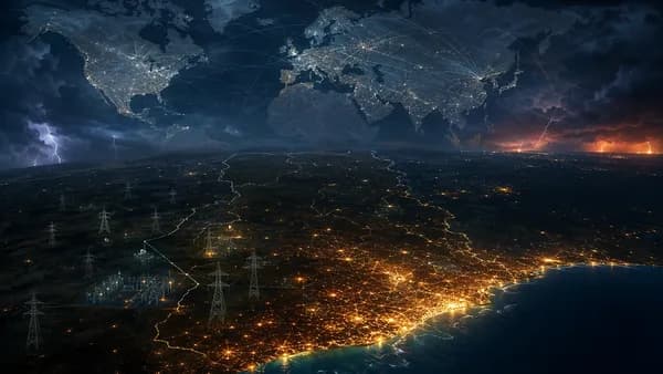 Ghana at night in blackout with dim power grid and global map connections