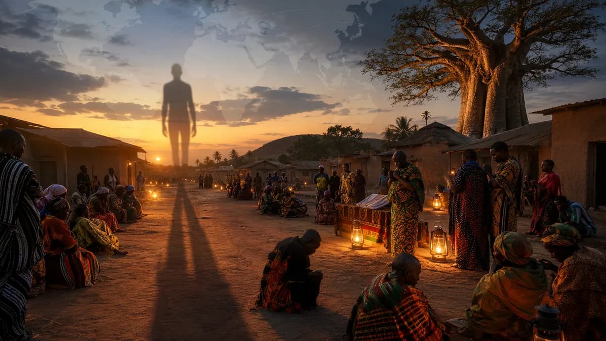 Mourners in northern Ghana gather under dusk light beside a tall symbolic shadow and subtle world map overlay.