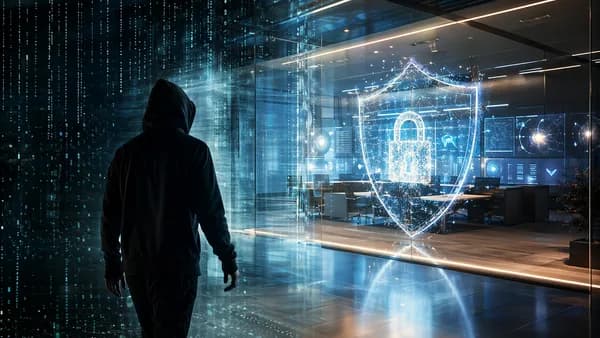 Former hacker silhouette moving from dark code toward a glowing cybersecurity shield, symbolizing redemption.
