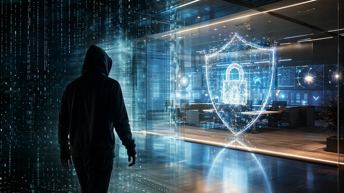 Former hacker silhouette moving from dark code toward a glowing cybersecurity shield, symbolizing redemption.
