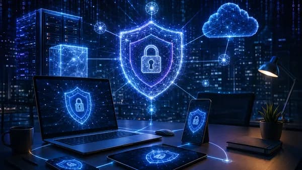 AI-powered endpoint security shield protecting employee devices in a dark tech environment