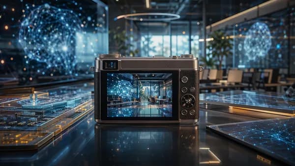 Slim compact camera with a transparent LCD viewfinder in a futuristic tech workspace.