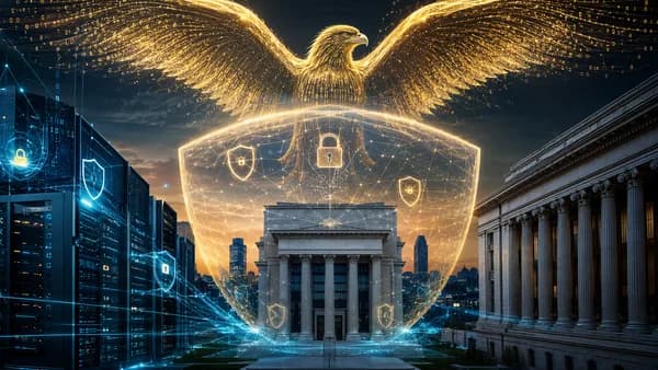 Golden data eagle shields bank networks in a dark cybersecurity scene.
