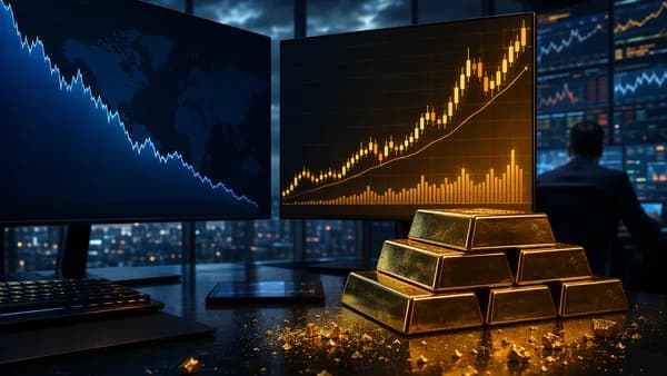 Gold bars on a trading desk with rising market charts and a weakening dollar-themed backdrop.
