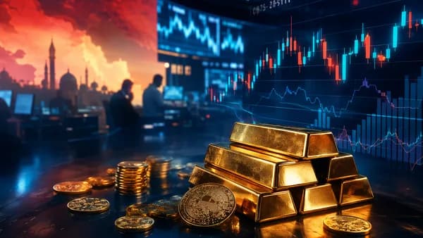 Gold bars on a trading desk with market charts and geopolitical tension lighting in a modern trading floor.