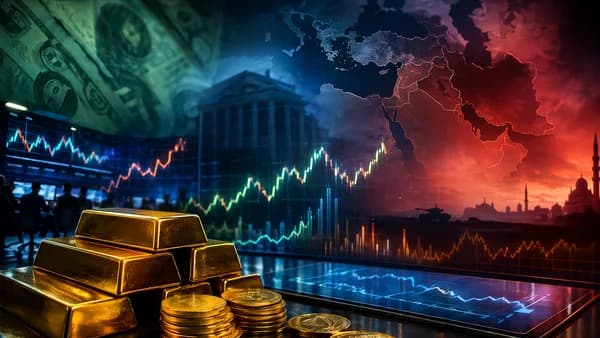 Gold bars on a trading desk with market charts, yield visuals, and geopolitical tension in the background