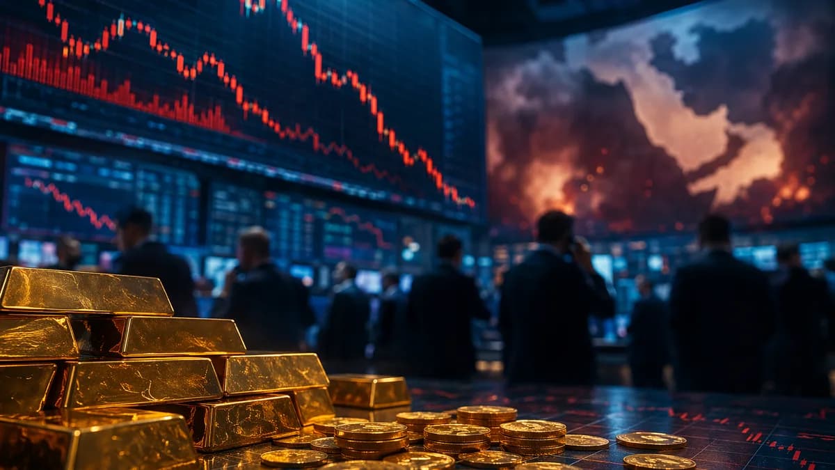 Gold bars on a trading floor with falling market charts and tense global risk atmosphere
