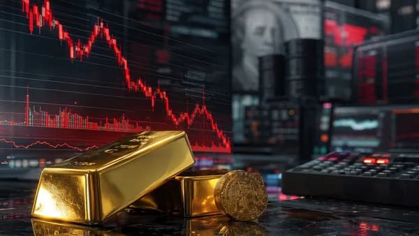 Gold bars on a trading desk with bearish market charts and cinematic financial screens.