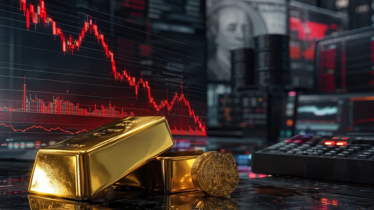 Gold bars on a trading desk with bearish market charts and cinematic financial screens.