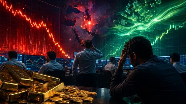 Gold bars on a trading floor as market charts fall and dollar strength dominates the scene.