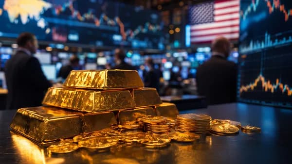 Gold bars on a trading desk with abstract market charts and traders in a cinematic financial newsroom